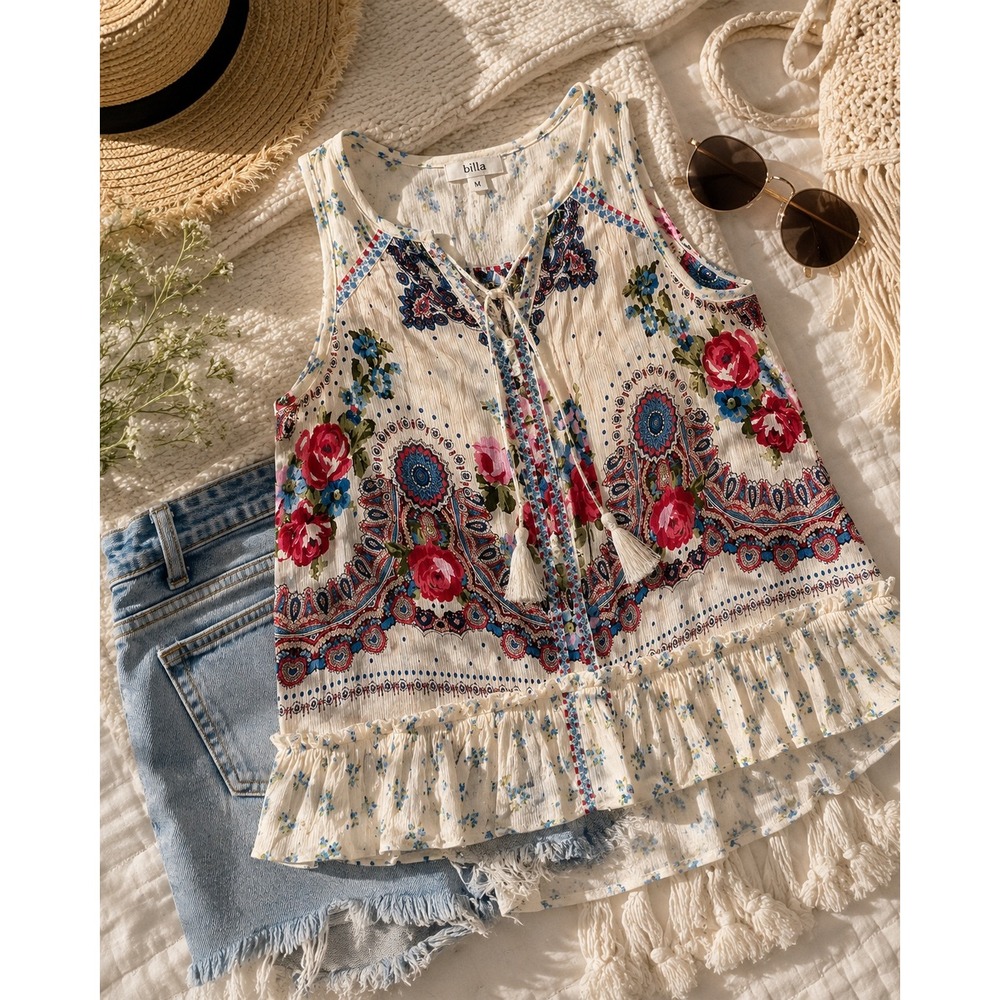 Billa Boho Floral Paisley Tassel Tie Ruffle Tank Top Sleeveless Blouse Medium
